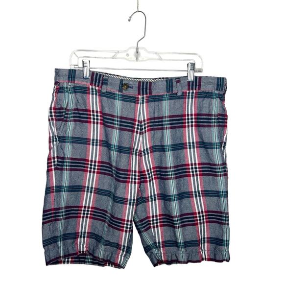 BROOKS BROTHERS / blue red white plaid linen blend shorts / 36 - Picture 1 of 6